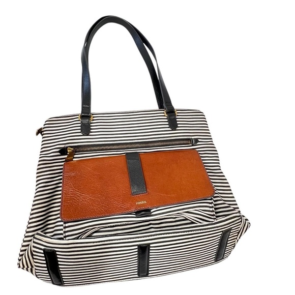 FOSSIL Kinley Shopper Black White Striped Shoulder Bag Tote Purse - Picture 9 of 16